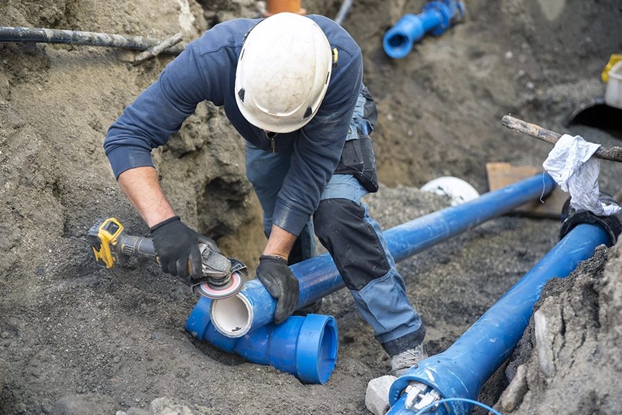A worker installs underground sewer pipes in Springfield, IL.