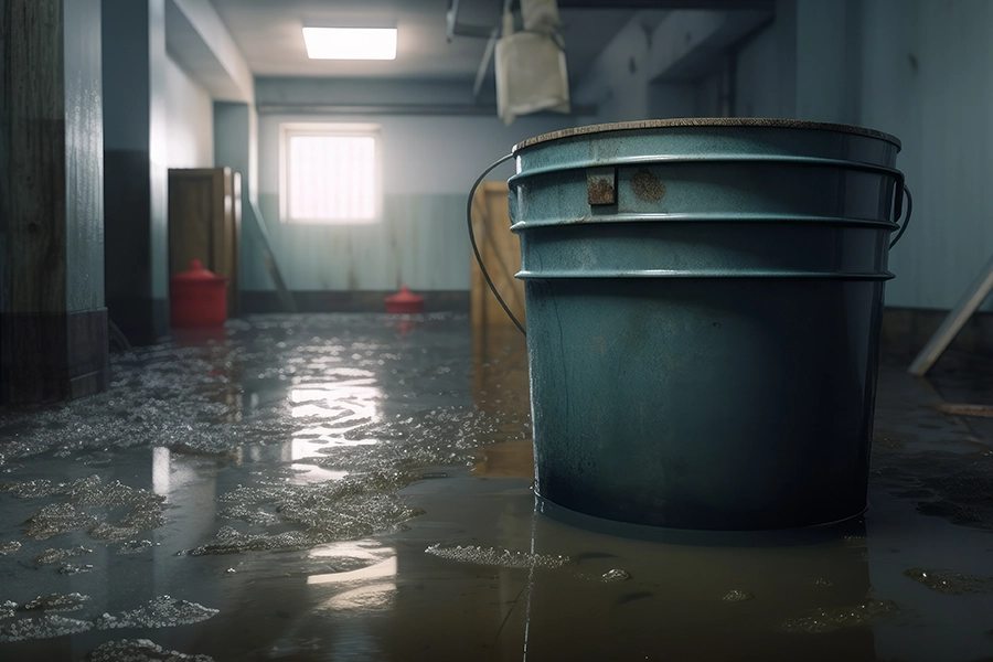 A bucket sitting in a flooded basement due to a backed-up conventional sewer system in a Springfield, IL home.